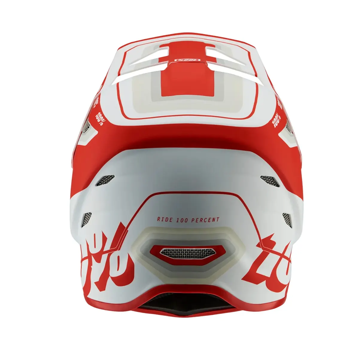 Der 100% Status Topenga Helm in Rot (Größe L) von 100% bietet Stil und Schutz - ideal für Downhill- oder Motocross-Fahrer. Von hinten gesehen ist er mit einem auffälligen "100%"-Branding versehen.