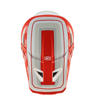 Draufsicht auf den 100% Status Topenga Helm in rot, Größe L, mit 100% Branding - ideal für Downhill- oder Motocross-Fahrer.