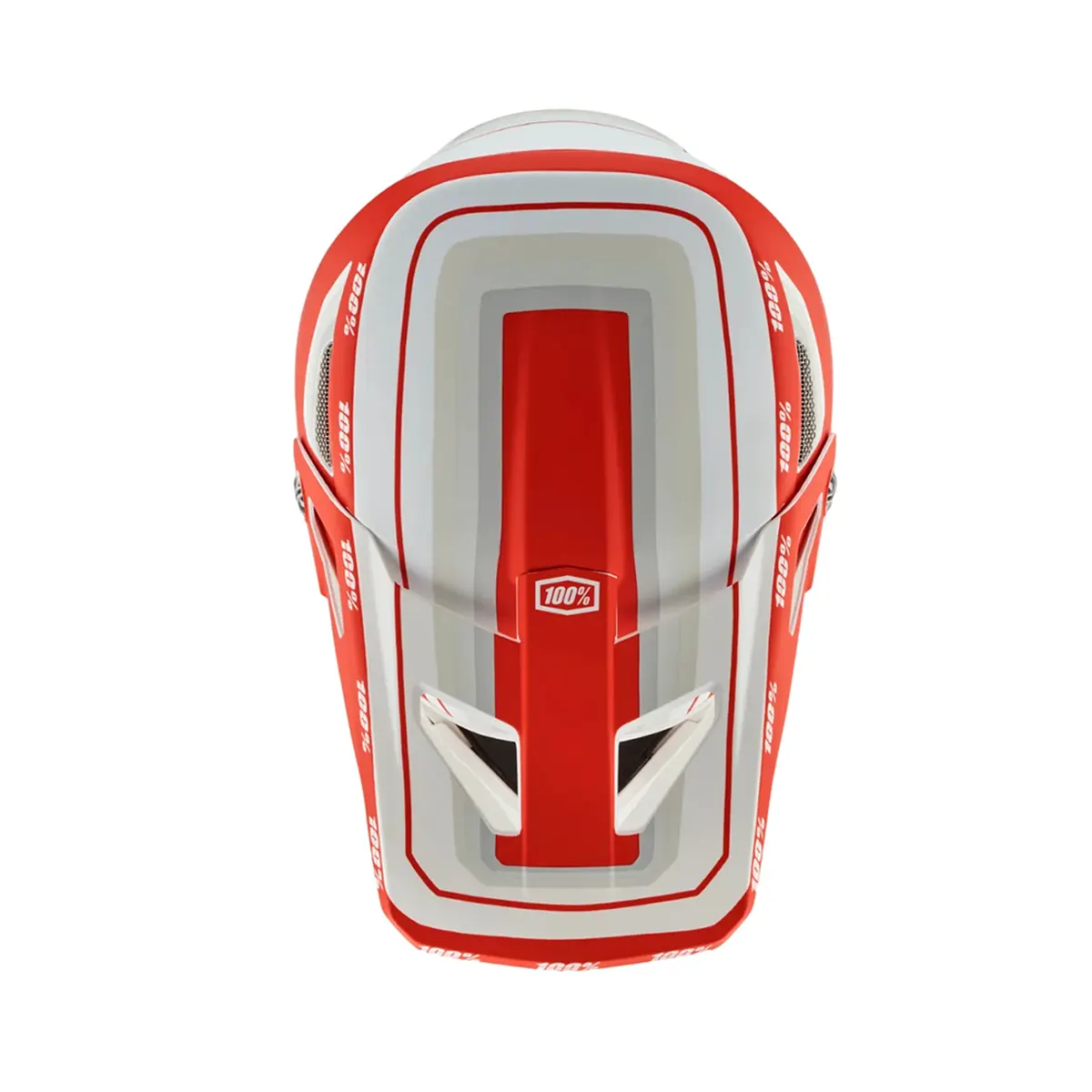 Draufsicht auf den 100% Status Topenga Helm in rot, Größe L, mit 100% Branding - ideal für Downhill- oder Motocross-Fahrer.