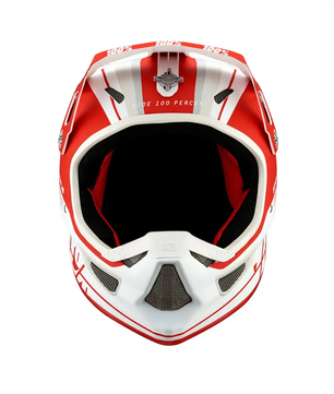 Der Dealoase 100% Status Topenga Helm in rot, Größe L, hat ein offenes Gesicht und eine gepolsterte Innenseite, perfekt für Motocross oder als robuster Downhill-Helm, der zusätzlichen Schutz bietet.