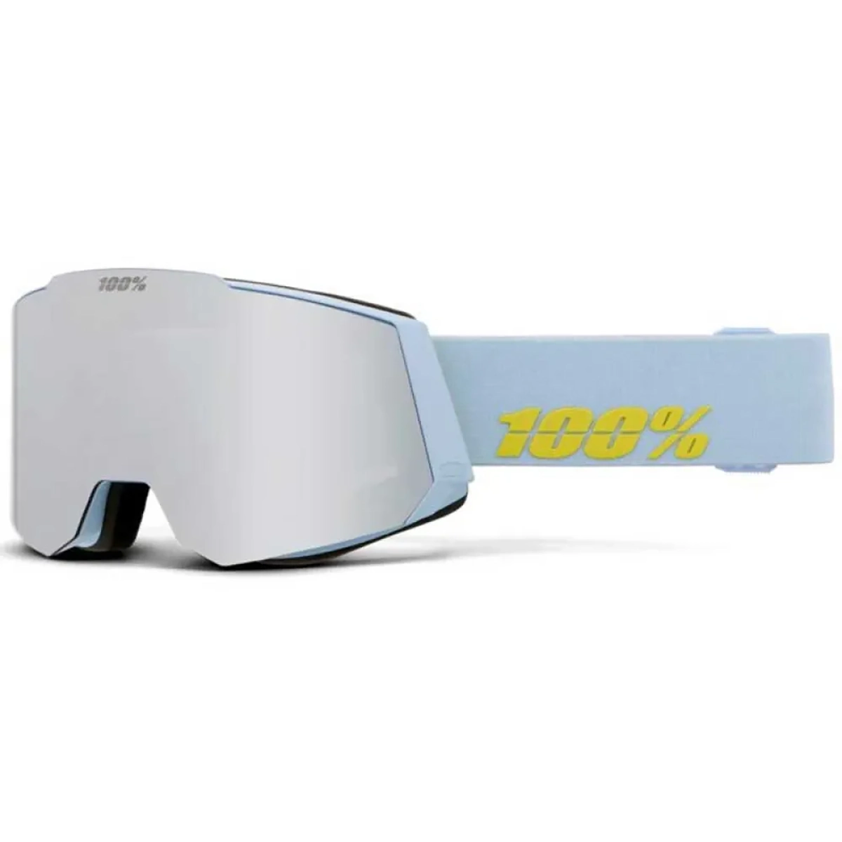Die 100% Snowcraft Hiper Skibrille in Blau verfügt über verspiegelte Gläser, "100%" in Gelb auf dem Band und HiPER Lens Technology für verbesserte Klarheit.