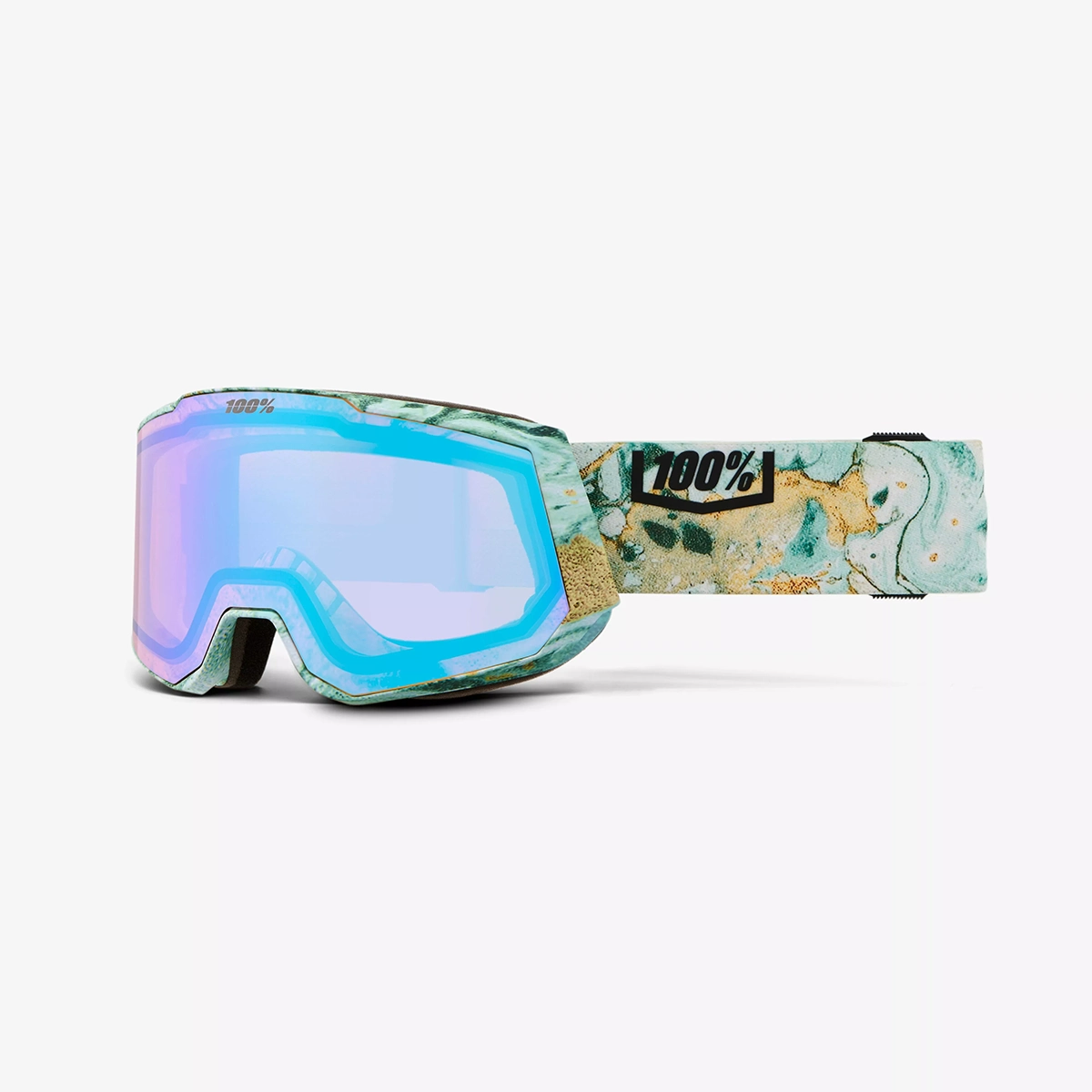 Die 100% Snowcraft Hiper Skibrille - beige hat einen marmorierten blau-hellbraunen Rahmen, blau getönte Gläser und Anti-Fog Technologie für klare Sicht auf der Piste.
