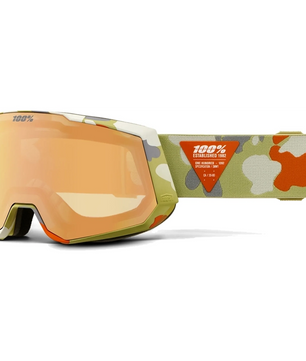 Die 100% Snowcraft Hiper Skibrille - grün verfügt über die HiPER Lens Technology, eine orange getönte UltraHD Doppelscheibe und ein grünes, weißes und oranges Tarnmuster-Band von 100%.