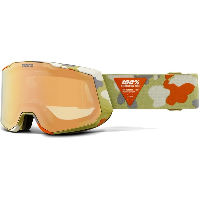 Die 100% Snowcraft Hiper Skibrille - grün verfügt über die HiPER Lens Technology, eine orange getönte UltraHD Doppelscheibe und ein grünes, weißes und oranges Tarnmuster-Band von 100%.
