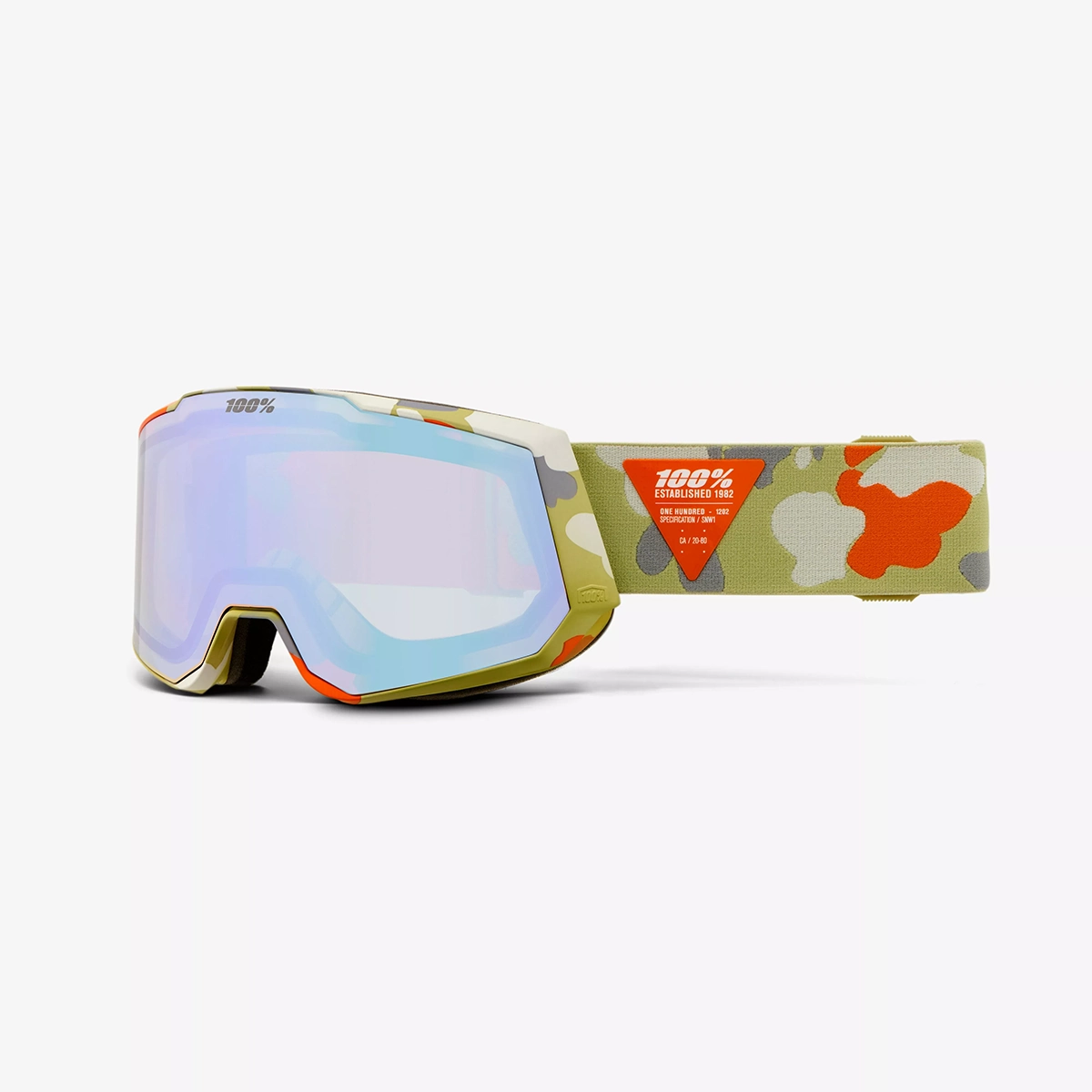 Die 100% Snowcraft Hiper Skibrille von 100% verfügt über eine reflektierende UltraHD-Doppelscheibe und ein grünes, rotes und beigefarbenes Band mit Camo-Muster für auffälligen Stil und beste Sicht auf der Piste.