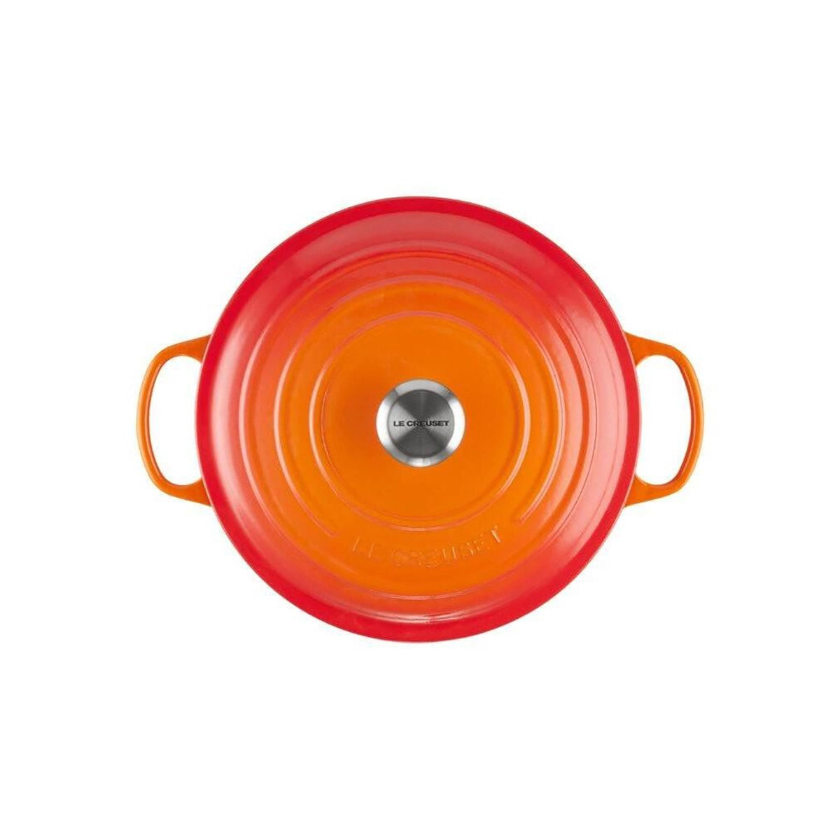 Draufsicht auf den Le Creuset Signature Bräter in Orange, hergestellt aus emailliertem Gusseisen mit stabilen Griffen und einem Edelstahlknauf.