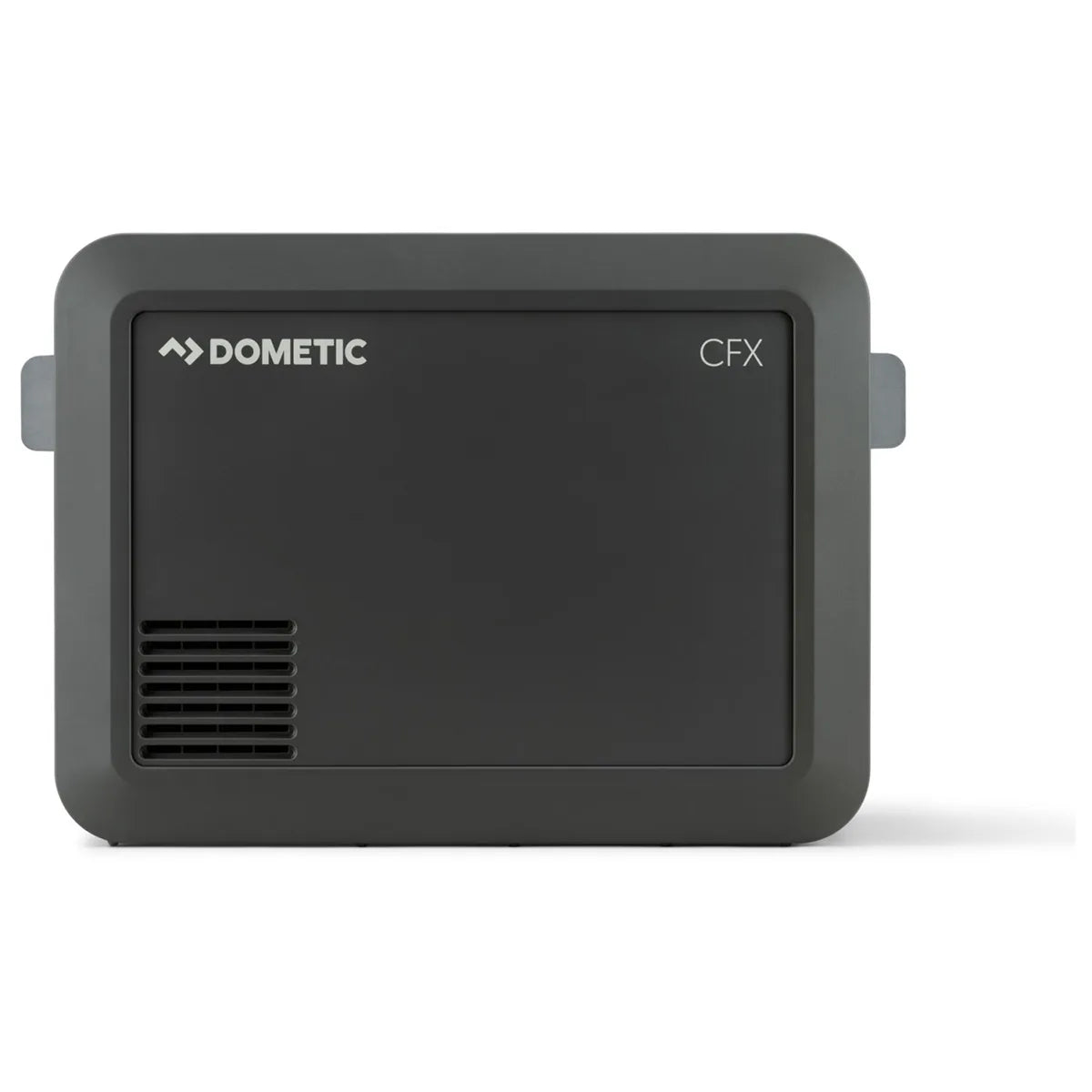 Vorderansicht der tragbaren Kühlbox „Dometic CFX5 Kompressor“ – schwarz mit Lüftungsöffnung und seitlichen Griffen von Dometic vor weißem Hintergrund.