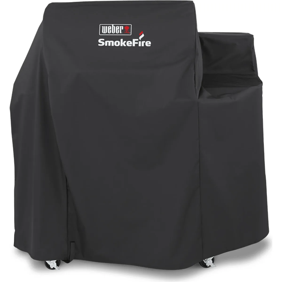 Die Weber Premium 7192 Abdeckhaube in Schwarz ist hier aus der Frontalansicht zu sehen, wie sie einen SmokeFire EX4-Grill bedeckt, wobei die Räder unten sichtbar sind – diese Grillabdeckung von Weber sorgt für zuverlässigen Schutz und eine stilvolle Optik.