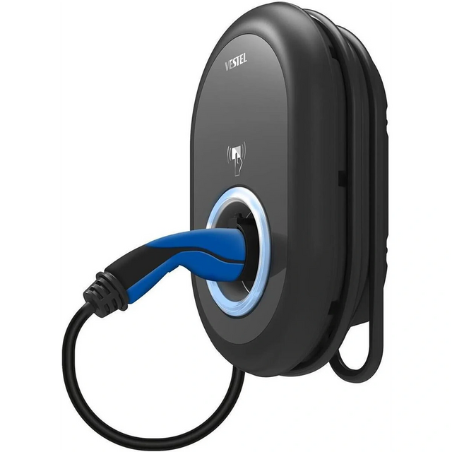 Die Vestel eCharger EVC04-AC11-T2P Wallbox liefert 11 kW Ladeleistung für effizientes EV-Laden, mit einem schwarzen Design und einem blauen Ladekabel von der vertrauten Marke Vestel.