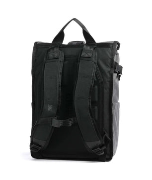 Der Chrome Barrage Rucksack - grau von Chrome verfügt über gepolsterte Schultergurte, einen Tragegriff und ein urbanes Design. Von hinten auf weißem Hintergrund abgebildet, ist dieser wasserdichte Rolltop-Rucksack ideal für das Stadtleben.