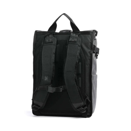 Der Chrome Barrage Rucksack - grau von Chrome verfügt über gepolsterte Schultergurte, einen Tragegriff und ein urbanes Design. Von hinten auf weißem Hintergrund abgebildet, ist dieser wasserdichte Rolltop-Rucksack ideal für das Stadtleben.