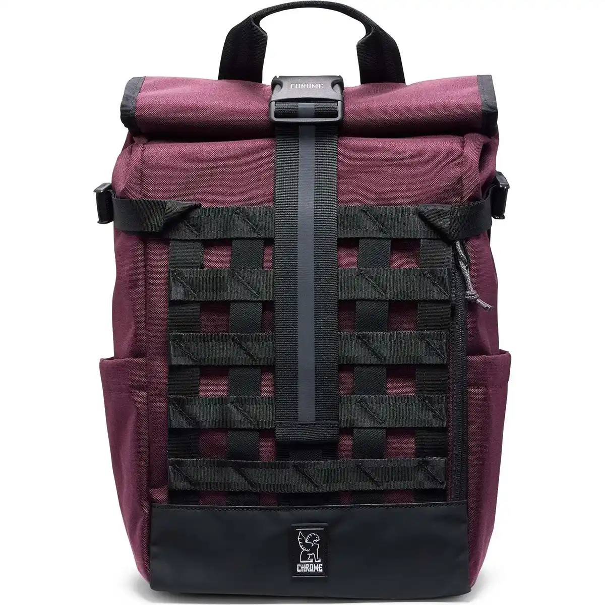 Der Chrome Barrage Rucksack - lila von Chrome verfügt über Gurtbänder auf der Vorderseite, ein urbanes Design und das Chrome-Logo auf der Unterseite.
