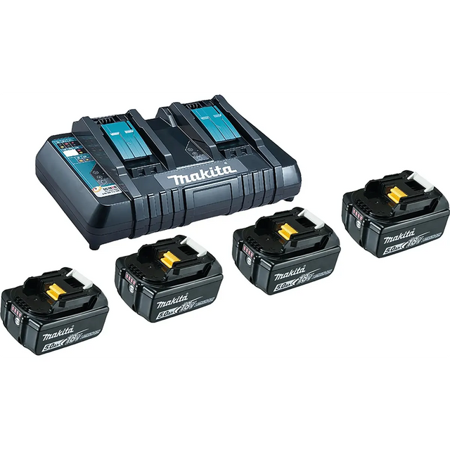 Das Makita Power Source Kit 199483-0 Akkus-Set – schwarz enthält ein Ladegerät mit zwei Anschlüssen und vier schwarze Makita-Lithium-Ionen-Akkus und sorgt so für effizientes und zuverlässiges Laden – eine ideale Lösung von Makita.