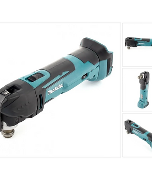 Makita DTM51Z Akku-Multifunktionswerkzeug – blau von Makita, aus verschiedenen Blickwinkeln auf weißem Hintergrund abgebildet.