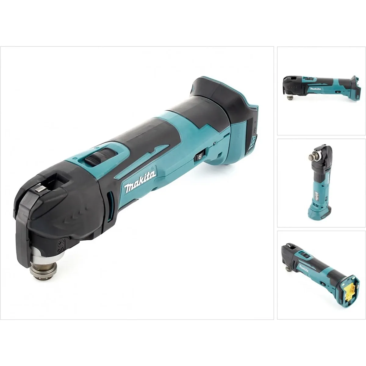 Makita DTM51Z Akku-Multifunktionswerkzeug – blau von Makita, aus verschiedenen Blickwinkeln auf weißem Hintergrund abgebildet.