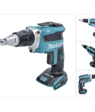 Der Makita DFS452Z Akku-Trockenbauschrauber in blau, von Makita, wird aus mehreren Blickwinkeln auf weißem Hintergrund dargestellt.