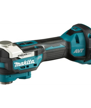 Das Makita DTM52Z Akku-Multitool ist ein blaues Akku-Multitool von Makita, das mit Starlock Max und AVT gekennzeichnet ist.