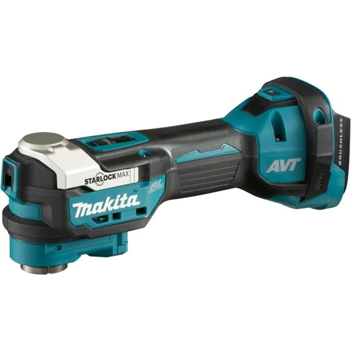 Das Makita DTM52Z Akku-Multitool ist ein blaues Akku-Multitool von Makita, das mit Starlock Max und AVT gekennzeichnet ist.