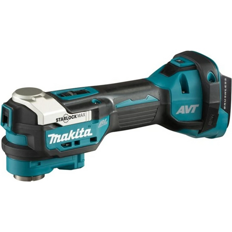 Das Makita DTM52Z Akku-Multitool ist ein blaues Akku-Multitool von Makita, das mit Starlock Max und AVT gekennzeichnet ist.