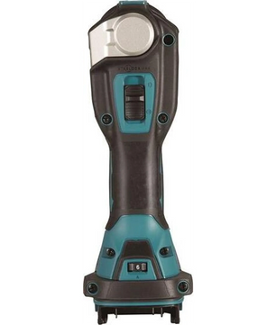 Das Makita DTM52Z Akku-Multitool in blau von Makita, dargestellt von vorne mit Griff, Schalter und Tasten.