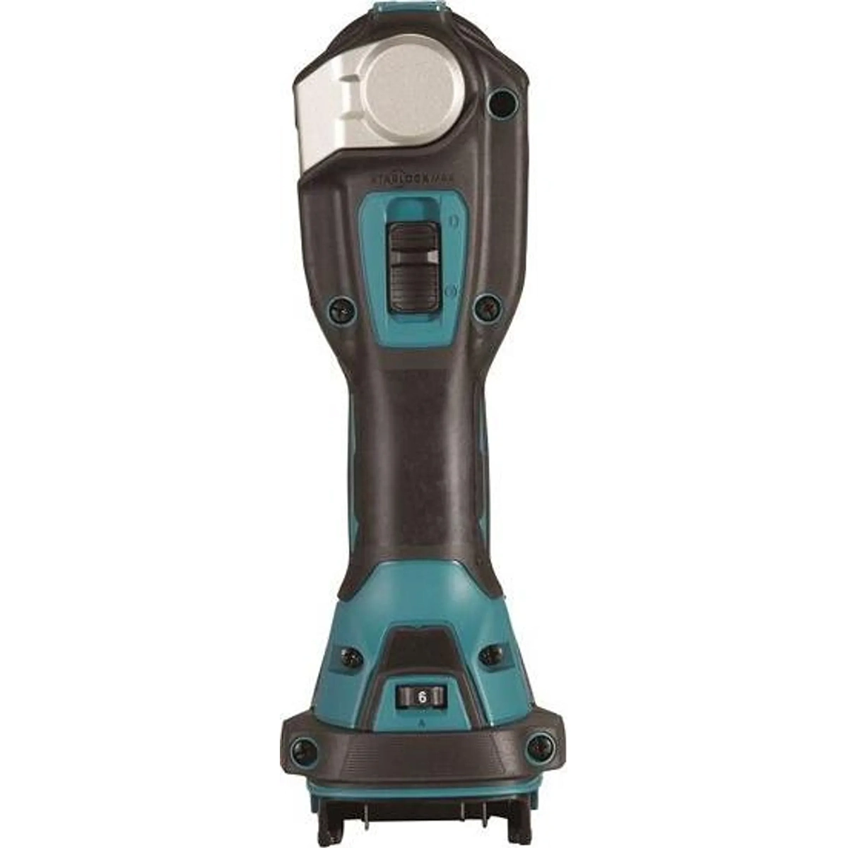 Das Makita DTM52Z Akku-Multitool in blau von Makita, dargestellt von vorne mit Griff, Schalter und Tasten.