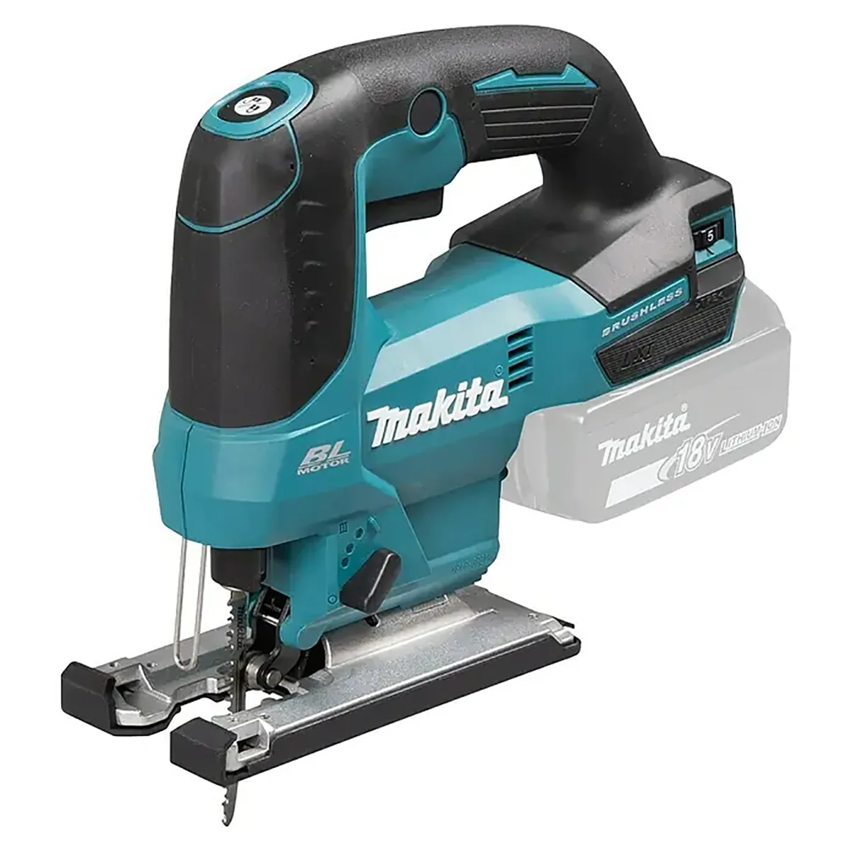 Eine Makita DJV184Z Akku-Pendelhubstichsäge – blau von Makita im blau-schwarzen Design wird hier ohne eingesetzten Akku abgebildet. Diese kabellose 18-V-LXT-Pendelhubstichsäge bietet zuverlässige Leistung für präzise Sägearbeiten.