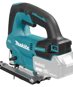 Die Makita DJV184Z Akku-Pendelhubstichsäge in Blau ist eine kabellose Stichsäge von Makita, die mit einem 18-V-LXT-Akkufach und einem sichtbaren Sägeblatt ausgestattet ist.