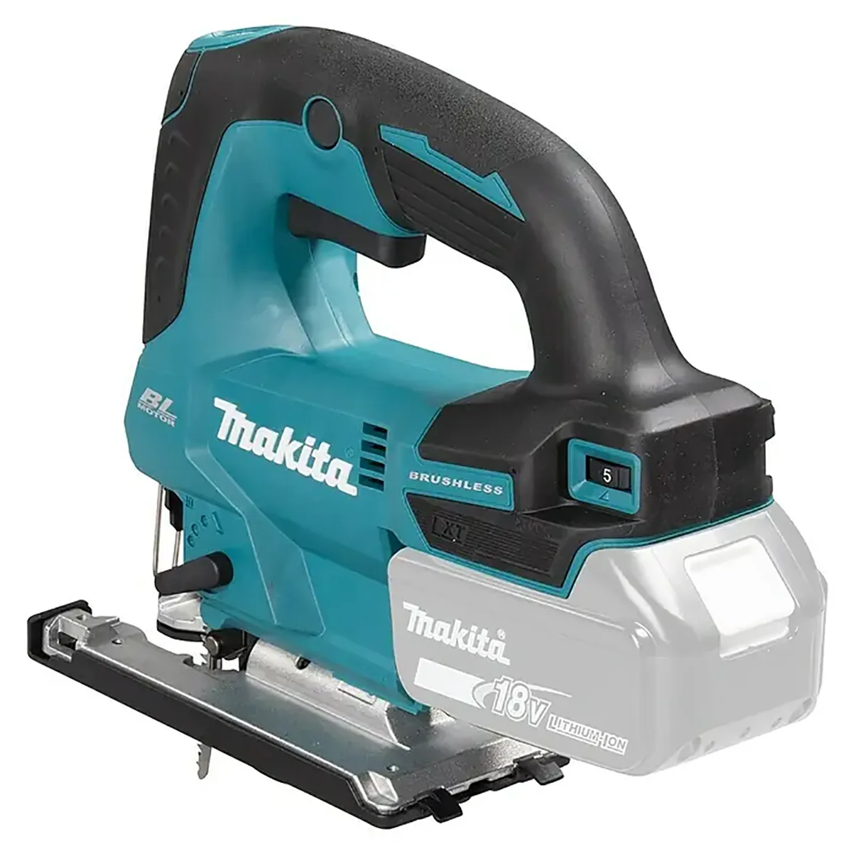 Die Makita DJV184Z Akku-Pendelhubstichsäge in Blau ist eine kabellose Stichsäge von Makita, die mit einem 18-V-LXT-Akkufach und einem sichtbaren Sägeblatt ausgestattet ist.
