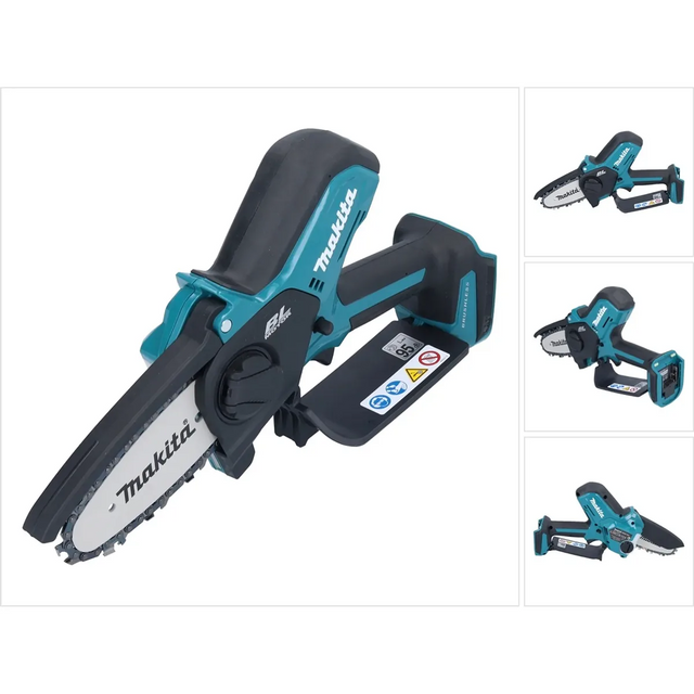 Die Makita DUC101Z Akku-Astsäge in Blau von Makita, ideal für die Gehölzpflege, aus verschiedenen Perspektiven vor weißem Hintergrund gezeigt.