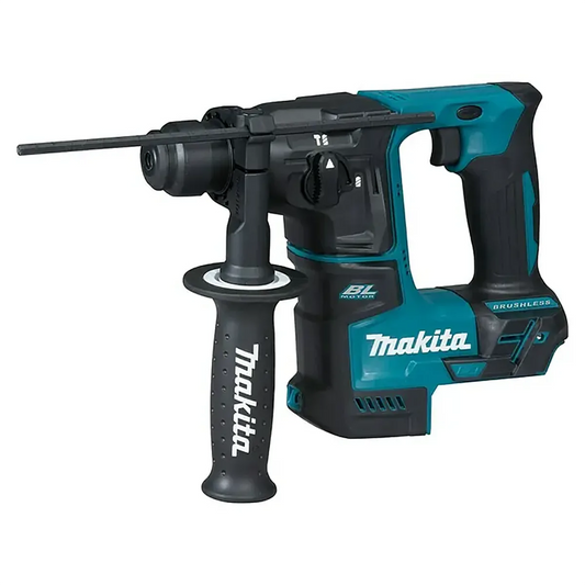 Der Makita DHR171Z Akku-Bohrhammer in Blau und Schwarz verfügt über einen bürstenlosen Motor, eine 18-V-Akku-Ausführung und ist mit einem Seitengriff ausgestattet; dieser Bohrhammer von Makita ist vor einem weißen Hintergrund abgebildet.