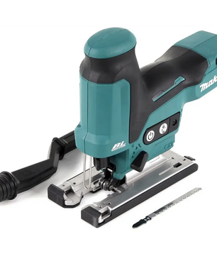 Makita JV102DZ Akku-Pendelstichsäge – blau, mit Staubabsaugung und einem zusätzlichen Stichsägeblatt daneben.