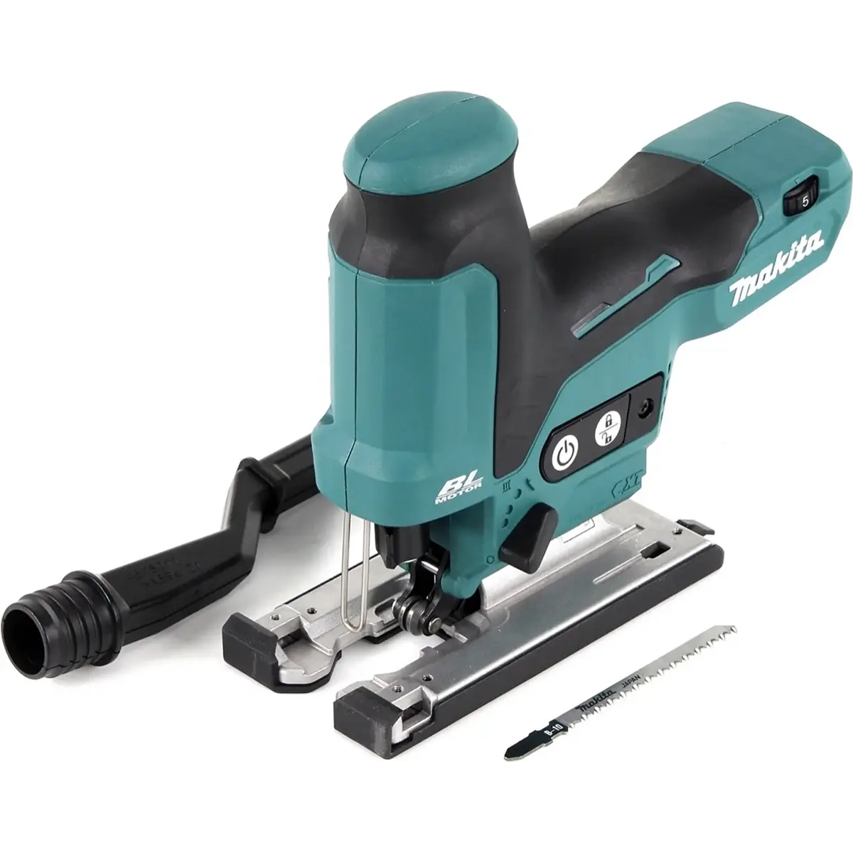 Makita JV102DZ Akku-Pendelstichsäge – blau, mit Staubabsaugung und einem zusätzlichen Stichsägeblatt daneben.