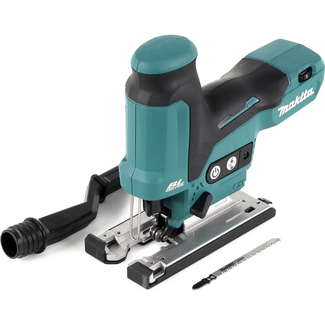 Makita JV102DZ Akku-Pendelstichsäge – blau, mit Staubabsaugung und einem zusätzlichen Stichsägeblatt daneben.