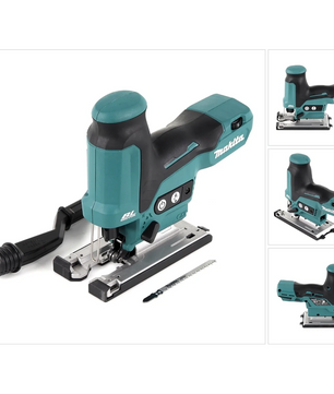 Makita JV102DZ Akku-Pendelhubstichsäge in Blau mit Sägeblatt und Staubabsaugung, aus verschiedenen Blickwinkeln vor weißem Hintergrund präsentiert.