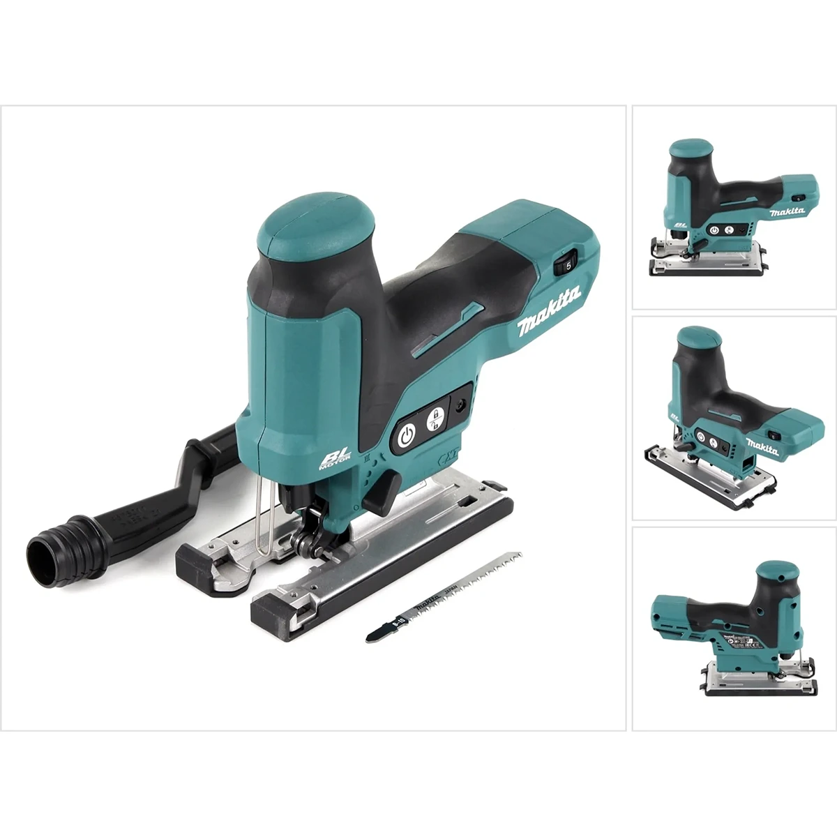 Makita JV102DZ Akku-Pendelhubstichsäge in Blau mit Sägeblatt und Staubabsaugung, aus verschiedenen Blickwinkeln vor weißem Hintergrund präsentiert.