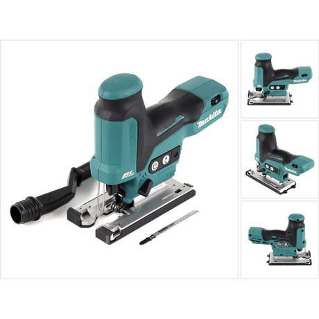 Makita JV102DZ Akku-Pendelhubstichsäge in Blau mit Sägeblatt und Staubabsaugung, aus verschiedenen Blickwinkeln vor weißem Hintergrund präsentiert.