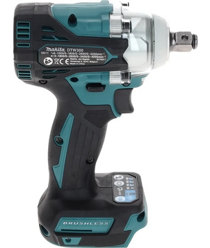 Makita DTW300Z Akku-Schlagschrauber – blau, ein leistungsstarker Akku-Schlagschrauber von Makita, seitlich in Blau und Schwarz abgebildet mit sichtbaren technischen Daten. Dieses 18-V-Modell vereint hohe Leistung mit praktischem Akku-Betrieb.