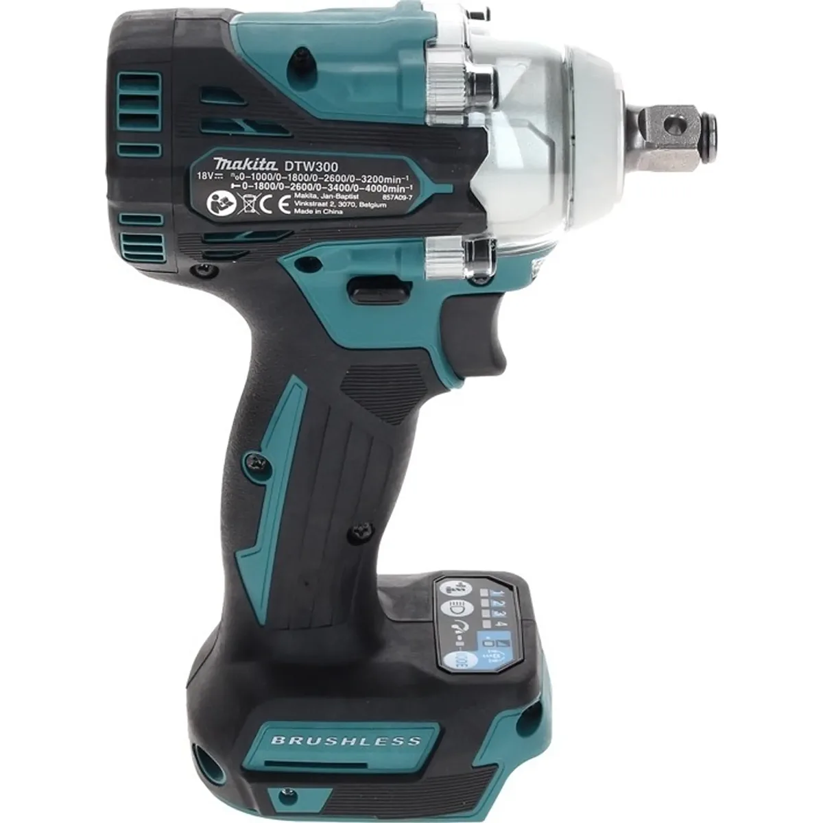 Makita DTW300Z Akku-Schlagschrauber – blau, ein leistungsstarker Akku-Schlagschrauber von Makita, seitlich in Blau und Schwarz abgebildet mit sichtbaren technischen Daten. Dieses 18-V-Modell vereint hohe Leistung mit praktischem Akku-Betrieb.