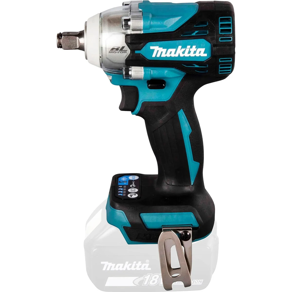 Der Makita DTW300Z Akku-Schlagschrauber von Makita bietet eine starke kabellose Leistung und präsentiert sich in einem schwarz-grünen Design mit einem Metallclip, kompatibel mit 18V-Akkus.