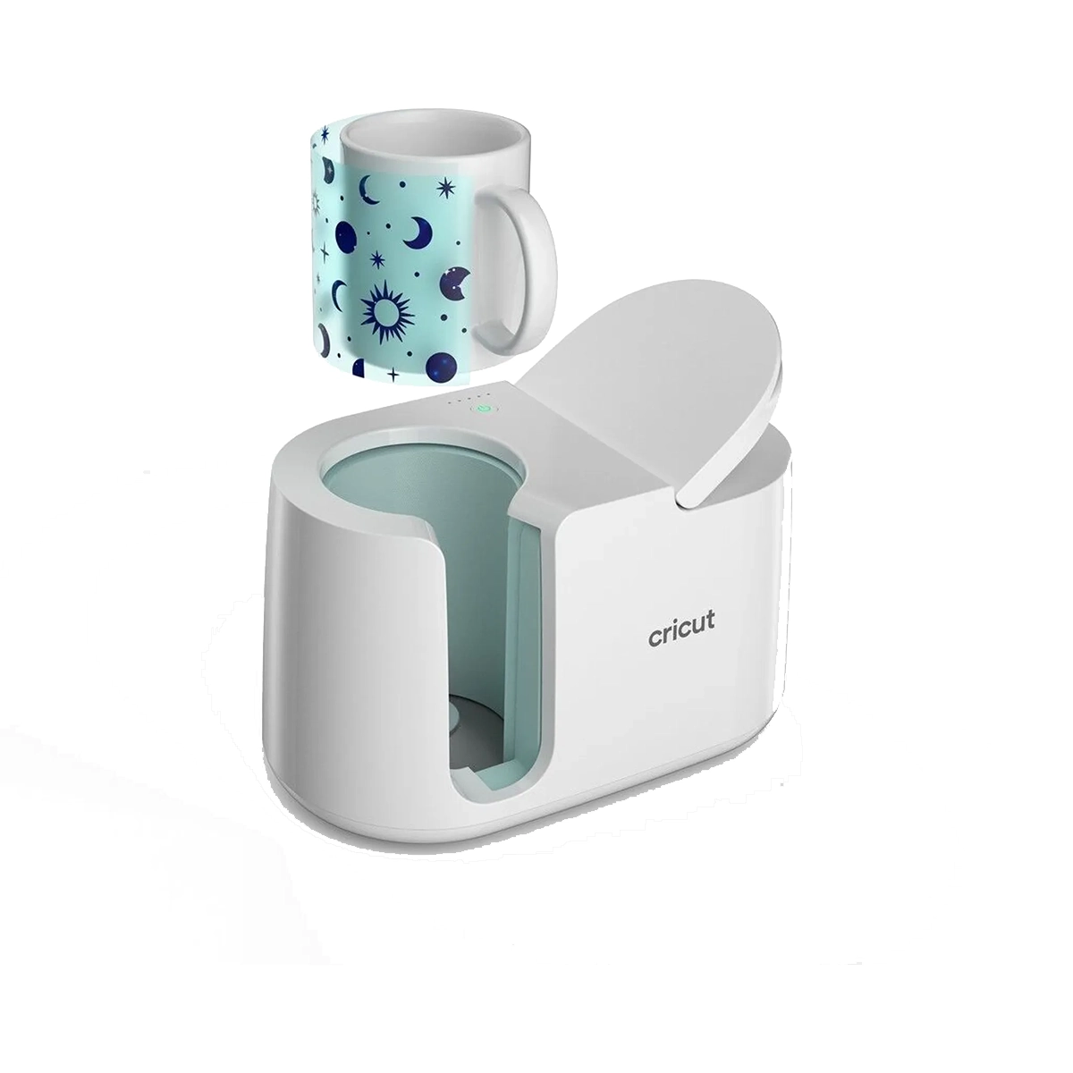 Die Cricut Mug Press Heizpresse - weiß von Cricut wird mit einem offenen Deckel und einem Becher mit Mond- und Sterndesign gezeigt - ideal zum Erstellen einzigartiger Sublimationstassen.