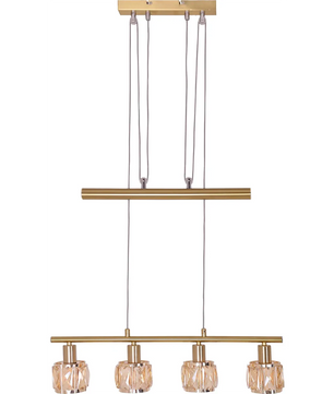 Die Näve JOSEFA Pendelleuchte Gold (60 cm) von Näve mit vier höhenverstellbaren Lichtern und facettierten Glasschirmen verleiht jedem Raum ein elegantes, stilvolles Retro-Ambiente.