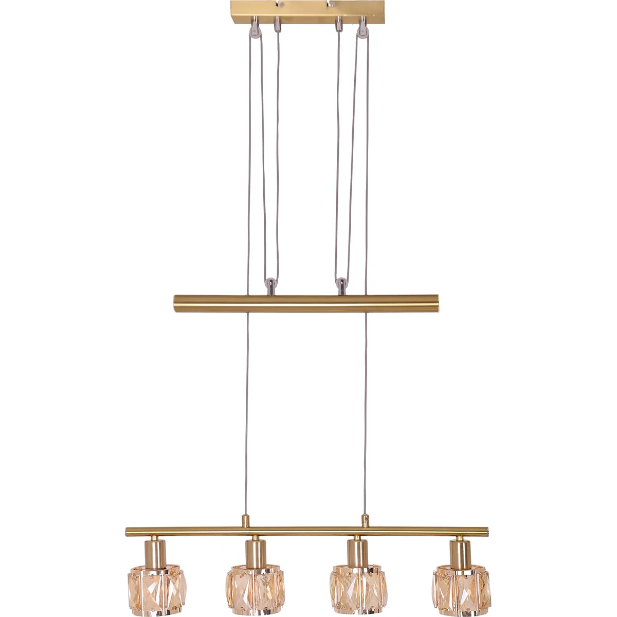 Die Näve JOSEFA Pendelleuchte Gold (60 cm) von Näve mit vier höhenverstellbaren Lichtern und facettierten Glasschirmen verleiht jedem Raum ein elegantes, stilvolles Retro-Ambiente.