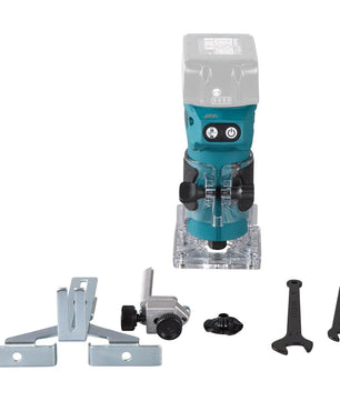 Die blaue Makita DRT52Z LXT 18-V-Akku-Kantenfräse von Makita ist zusammen mit Metallzubehör und zwei schwarzen Schraubenschlüsseln vor einem weißen Hintergrund abgebildet.