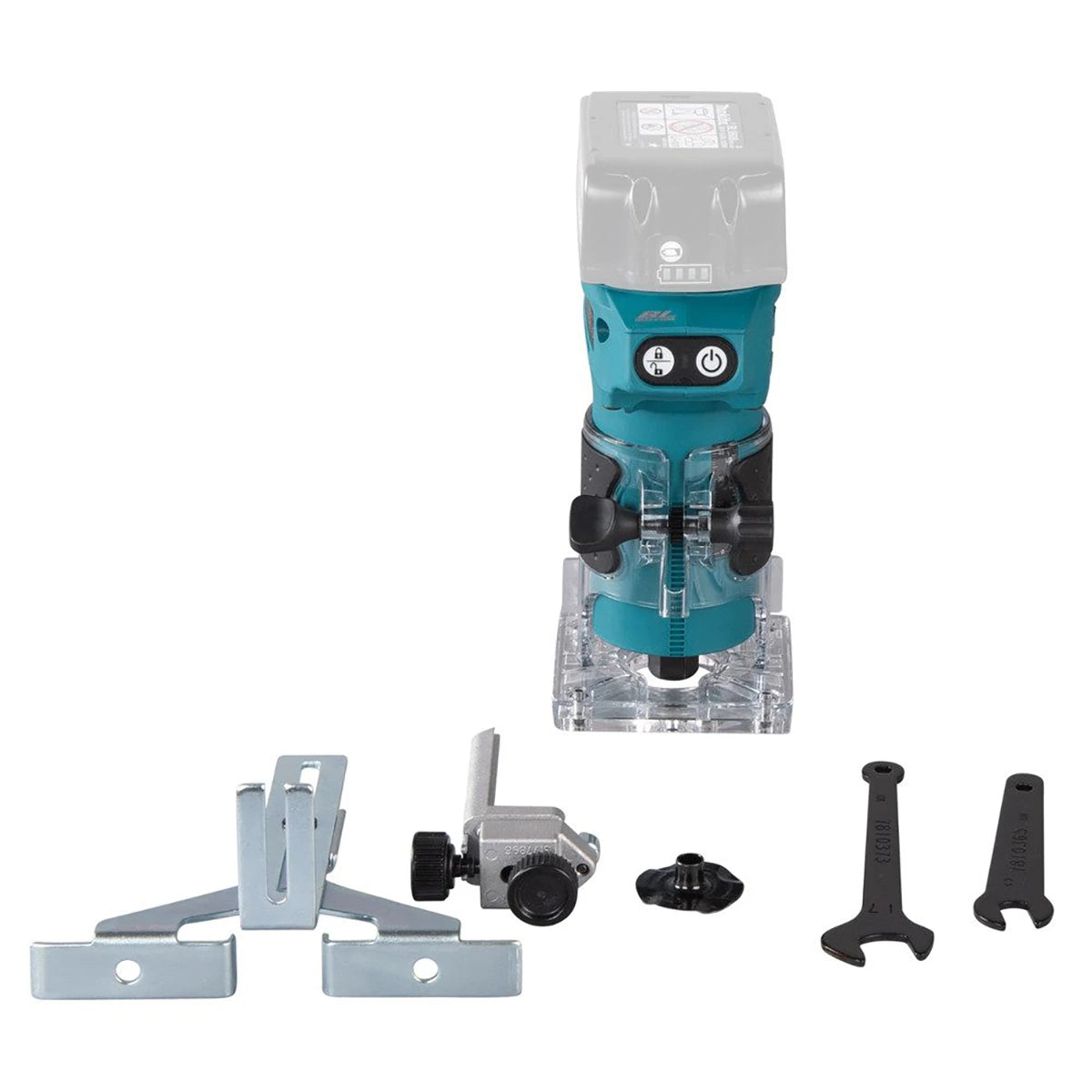 Die blaue Makita DRT52Z LXT 18-V-Akku-Kantenfräse von Makita ist zusammen mit Metallzubehör und zwei schwarzen Schraubenschlüsseln vor einem weißen Hintergrund abgebildet.