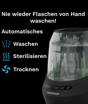 Der BABY BREZZA Bottle Washer Pro Dampfsterilisator in Schwarz wäscht, sterilisiert und trocknet Babyflaschen automatisch - Ihr praktischer Flaschenreiniger für mehr Komfort im Alltag.