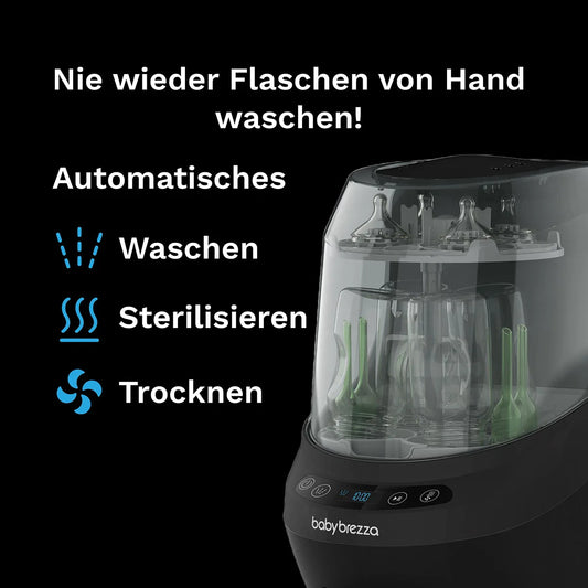 Der BABY BREZZA Bottle Washer Pro Dampfsterilisator in Schwarz wäscht, sterilisiert und trocknet Babyflaschen automatisch - Ihr praktischer Flaschenreiniger für mehr Komfort im Alltag.