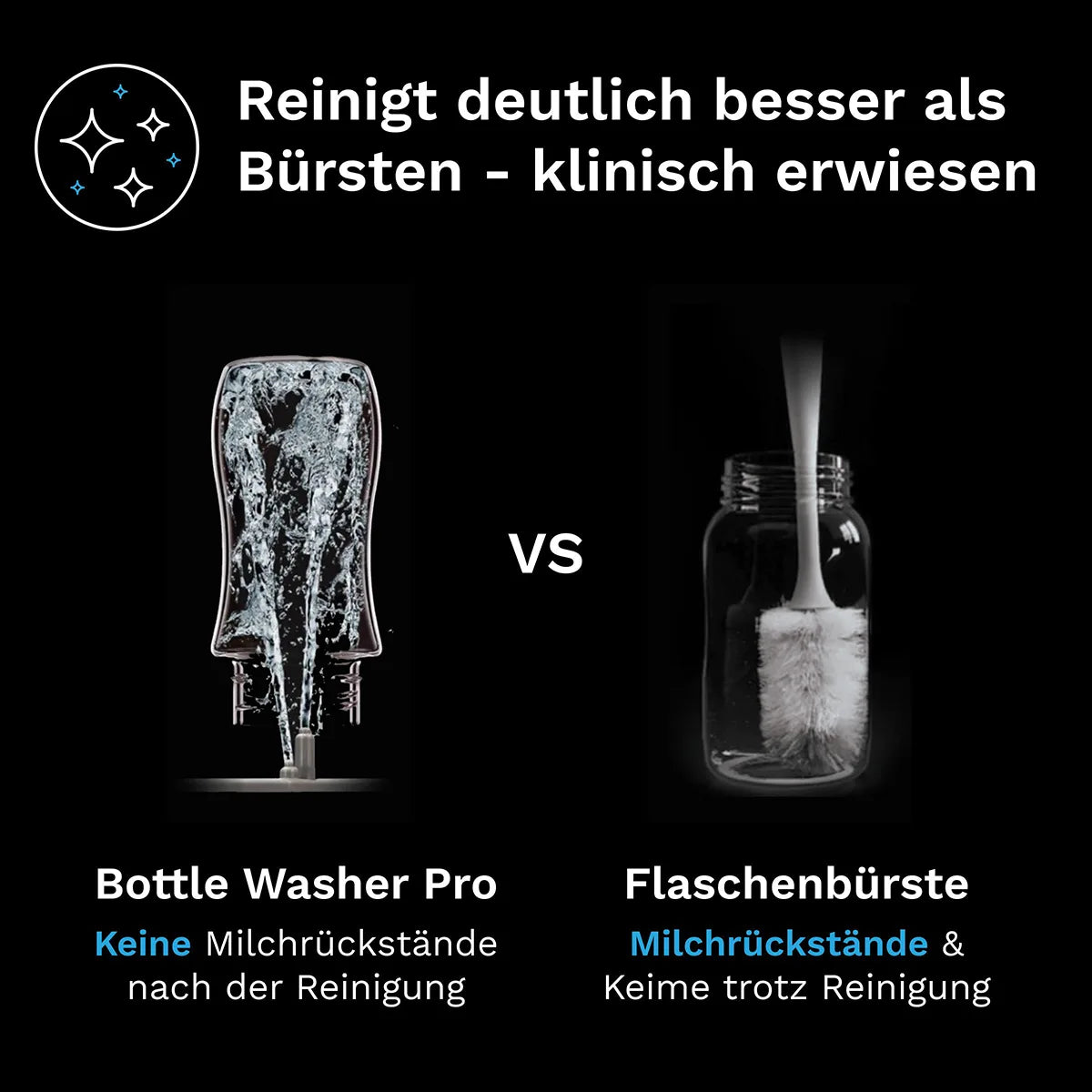 Vergleichen Sie die Reinigungswerkzeuge: den BABY BREZZA Bottle Washer Pro Dampfsterilisator - schwarz, mit Wasserdüsen für eine gründliche Reinigung, gegenüber einer herkömmlichen Flaschenbürste mit Milchrückständen. Für zusätzliche Hygiene, verwenden Sie einen Sterilisator oder Flaschentrockner.