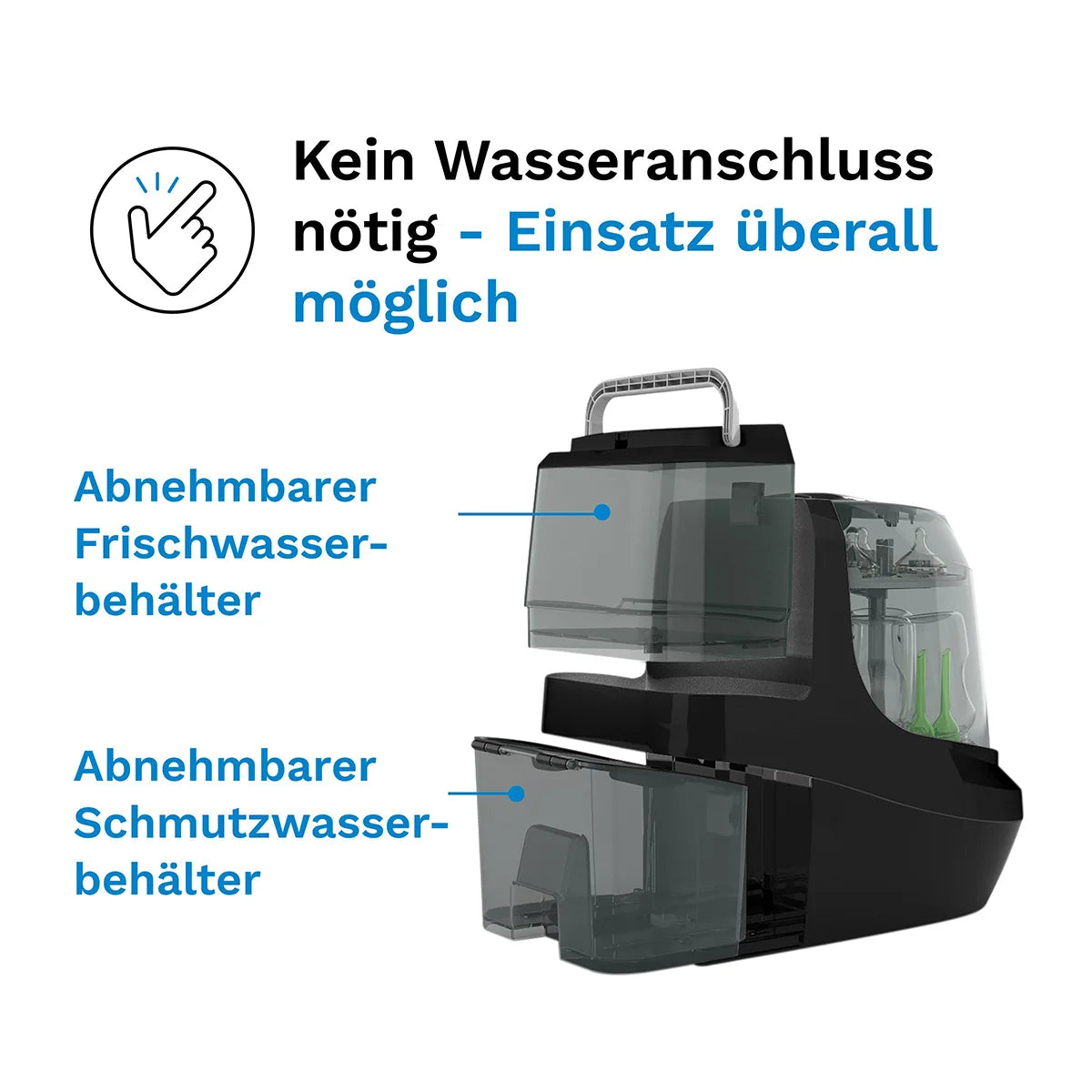 Abbildung des BABY BREZZA Bottle Washer Pro Dampfsterilisator - schwarz, mit abnehmbarem Frisch- und Schmutzwassertank; ideal als Babyflaschen Sterilisator oder Flaschenreiniger.