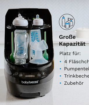 Der BABY BREZZA Bottle Washer Pro Dampfsterilisator in Schwarz bietet großes Fassungsvermögen - ideal zum Sterilisieren und Trocknen von Babyflaschen, Pumpenteilen und Zubehör im Alltag.