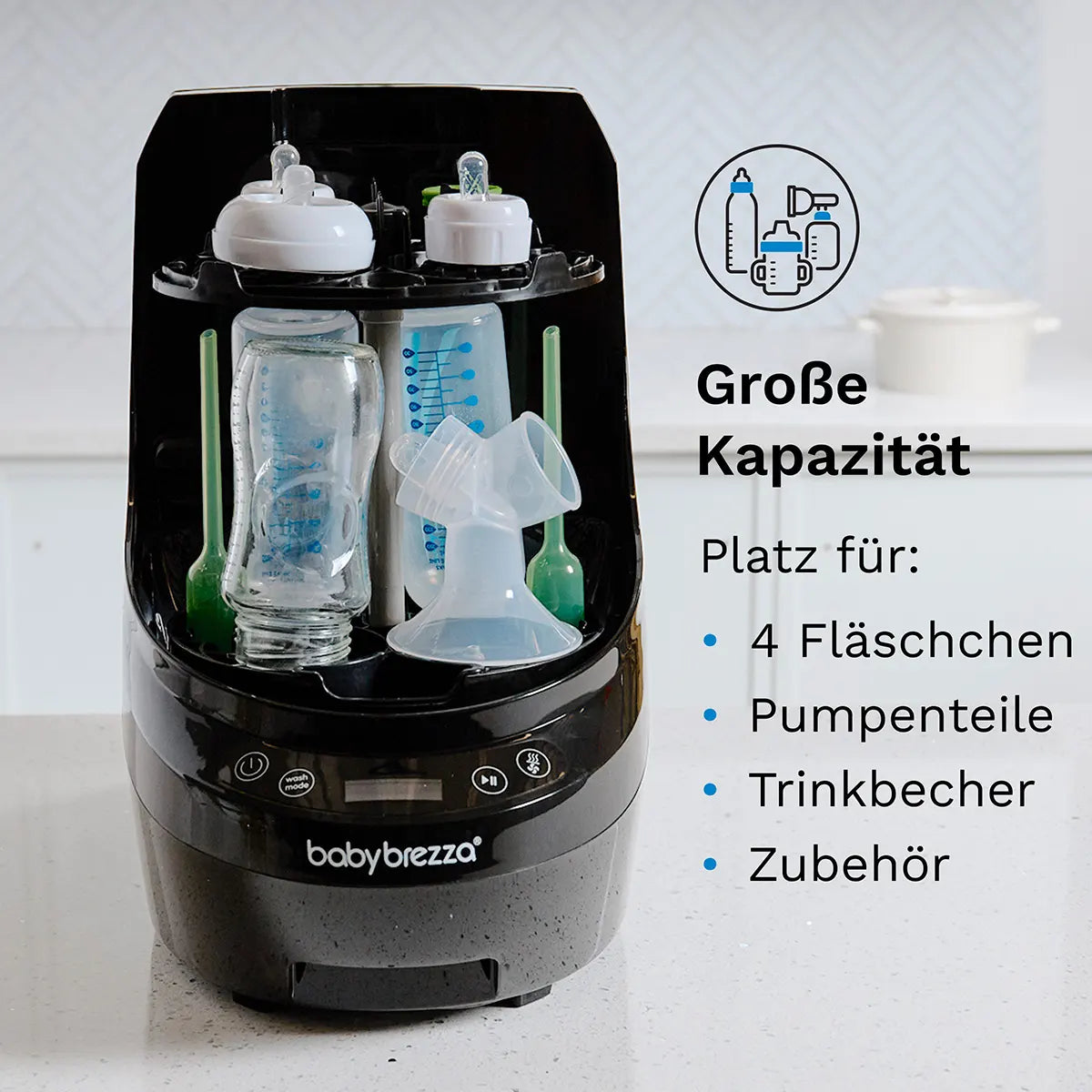 Der BABY BREZZA Bottle Washer Pro Dampfsterilisator in Schwarz bietet großes Fassungsvermögen - ideal zum Sterilisieren und Trocknen von Babyflaschen, Pumpenteilen und Zubehör im Alltag.